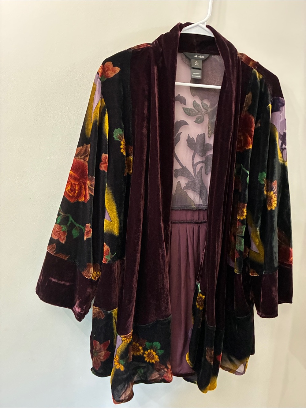 Ali Miles Velvet trim Floral Kimono open cardigan - large